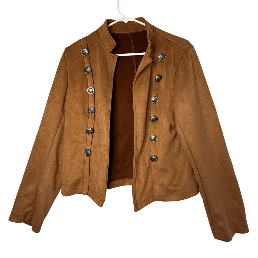 Womens Faux Suede Military Band Jacket Camel Cropped Silver Buttons L Costume